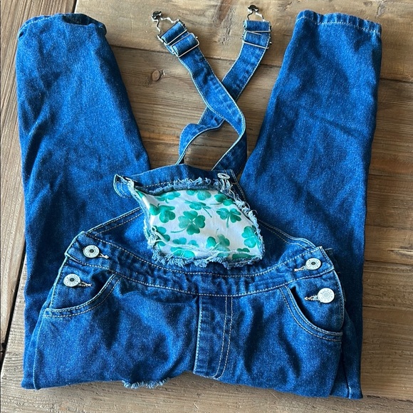 Green and Blue Patchwork Denim Overalls with Distressed Details - Picture 5 of 5